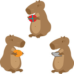 Three cute cute capybaras are busy playing games. Vector illustration. A funny capybara for postcards, design, printing, children's collection. Capybara Love Day