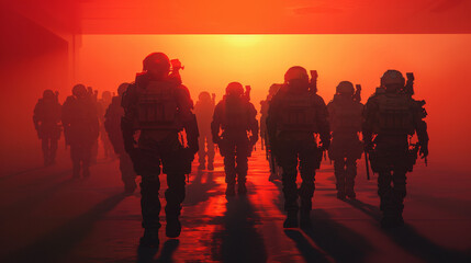 Fototapeta premium A Cinematic scene, a group of special operation soldiers posing in front of the camera. Special ops, army, marines