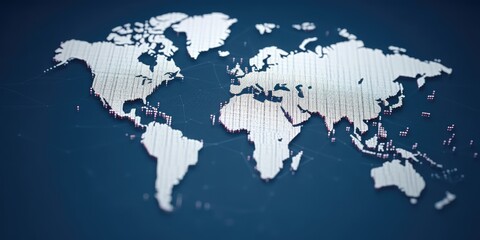 Digital world map with glowing cyber data points on dark blue background. Global connectivity and internet technology concept. Design for network, communication, technology innovation theme. AIG35.