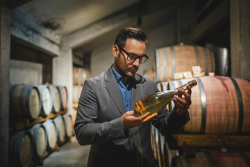 Adult man winemaker hold and check bottle of wine between barrels