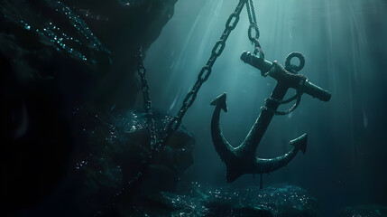 Anchor with chains at the bottom of the ocean