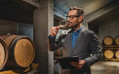 Adult man winemaker hold glass stand between the barrels in cellar