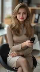 Obraz premium A woman in a tan dress is sitting in a chair and holding a cell phone