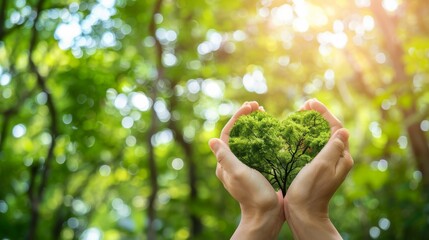 A conceptual image of hands cradling a heart-shaped tree, symbolizing love and care for the environment