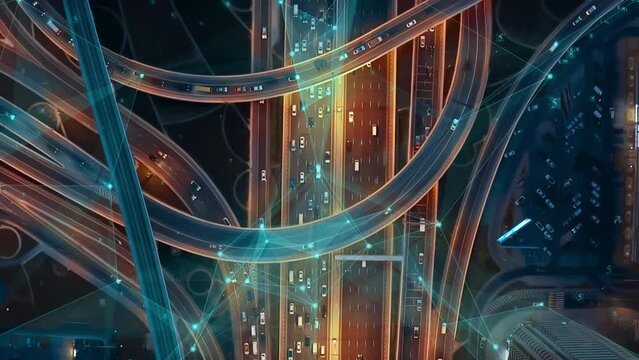 Ai Cars Logistic Autonomous Delivery Traffic Monitoring IoT GPS Satellite Connection 5G Smart City Traffic Junction Highway Establishing Connection Satellites Triangulation Of Transportation Data
