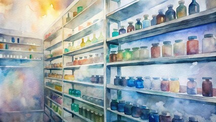 Drug store shelves beautifully lined with medicine bottles, close-up photo with watercolor effect