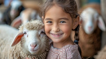 Little Girl Hugging Sheep in Pen