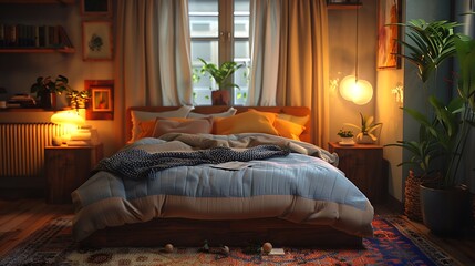 Bedroom featuring an upholstered bed and plush textiles, realistic interior design