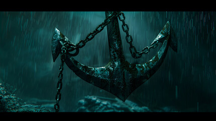 Anchor with chains at the bottom of the ocean