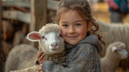 Little Girl Hugging Sheep in Pen