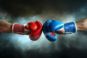 boxing gloves, Witness the raw intensity of competition with a closeup of two men's hands clad in red and blue boxing gloves colliding in a powerful hit, set against an isolated dark misty background