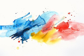 Abstract watercolor splashes in blue, red, and yellow on white background. Watercolor painting for design and print. Design for poster, wallpaper, banner. Top view. Generative AI