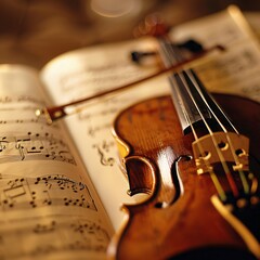 Fototapeta premium Close up view of violin and sheet music. Instrumental music concept
