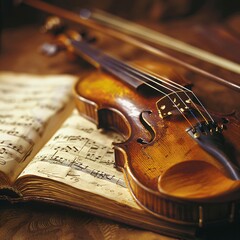 Fototapeta premium Close up view of violin and sheet music. Instrumental music concept