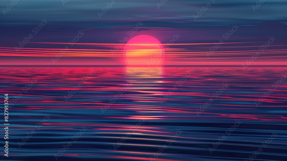 Wall mural A stunning purple and violet afterglow lights up the fluid horizon as the red sky at morning fades into dusk, casting a colorful sunset over the ocean with a blurred background AIG50