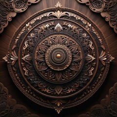 meticulously crafted dark wooden mandala with geometric shapes and floral motifs, 3d effect. concepts: cultural crafts, woodworking tutorials, carpentry guides, cultural heritage promotions.