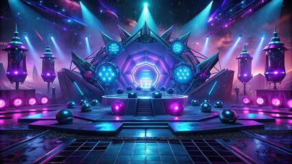 Psychedelic surreal AI-generated DJ stage concept with glowing elements
