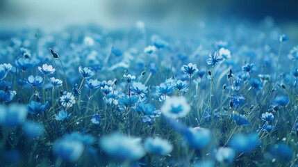 A field of tiny blue flowers their petals dancing in the gentle breeze. - Powered by Adobe