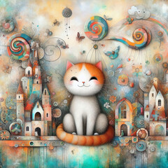 Mixed media painting of a whimsical cat.
