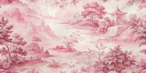 Pink toile fabric with watercolor design