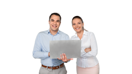 Professional man and woman engaged in collaborative work on a laptop, showcasing teamwork and partnership in a modern business setting.