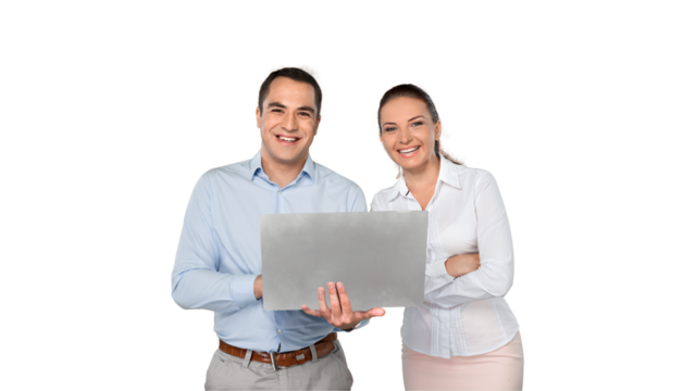 Professional man and woman engaged in collaborative work on a laptop, showcasing teamwork and partnership in a modern business setting.