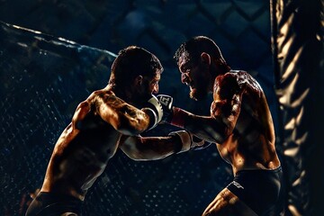 Fototapeta premium Two professional mixed martial arts fighters in the octagon cage in a tough fight. MMA fighters in action. The mood and concept of fighting without rules.