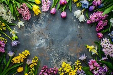 Colorful spring flowers including tulips and hyacinths arranged in a border on a textured dark background. Springtime and nature concept. Design for greeting card, invitation, poster, wallpaper. Gener