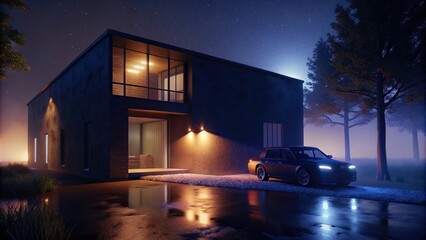 A building with a car parked in front of it at night time, glowing