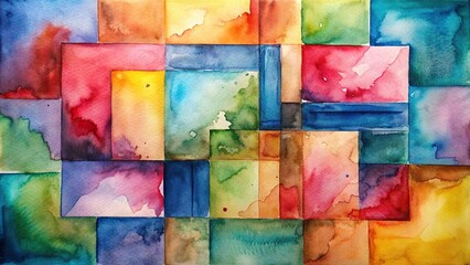 Colorful squares and rectangles intersect in a dynamic watercolor composition