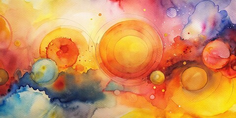 Abstract watercolor artwork with vibrant warm tones, circles, and lines in dynamic composition