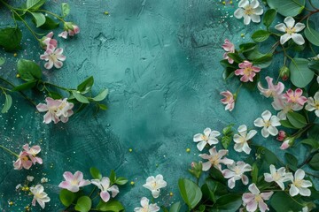 Pink and white flowers with green leaves on a teal textured background. Flat lay composition with copy space. Spring and summer season concept for design and print. Generative AI