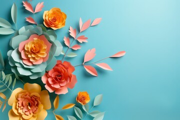 Colorful paper flowers with leaves arranged on a turquoise background. Flat lay composition with copy space. Generative AI
