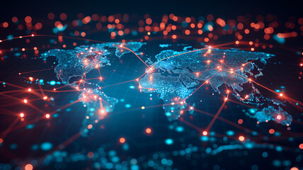 Obraz premium Digital world map illustrating global data connections and flow