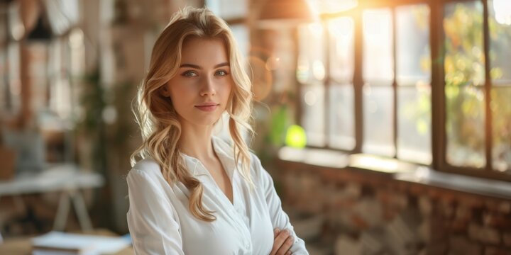 Confident blonde businesswoman standing with folded arms in a bright, sunlit office space, ready to take on challenges. Confident Businesswoman in Bright Office Banner with copy space