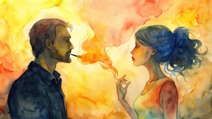 Silhouette of man and woman smoking against orange-yellow smoke backdrop, watercolor