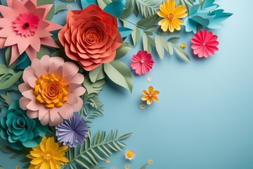 Colorful paper flowers and leaves arranged on a blue background. Flat lay composition with copy space. Springtime and floral design concept for greeting card, invitation, poster. Generative AI