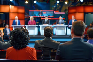 Audience watching a political debate with candidates on stage