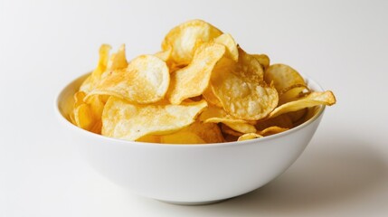 A close up view of a bowl of potato chips against a white backdrop - Powered by Adobe