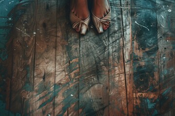 The close up picture of the shoe of ballet dancer in their rehearsal room with wooden floor, the...