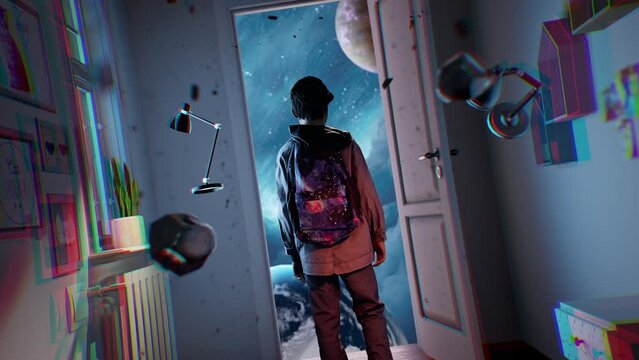 Child Teenager Opening the Door To Knowledge the Universe Learning Augmented Reality Virtual Realm Creativity Science Fiction and Imagination Concept