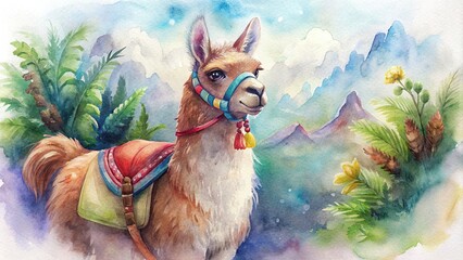 Fototapeta premium Vintage style alpaca adventure with watercolor accents