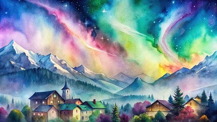 Colorful northern lights illuminating the Allgau in southern Germany, depicted in watercolor