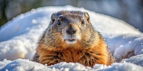 Groundhog covered in snow on Groundhog Day