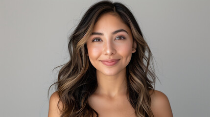 Fototapeta premium A photo of an attractive Latina woman with wavy, dark brown hair cascading over her shoulders, smiling warmly. She has large eyes adorned with bold, colorful eyeshadow and long, thick eyelashes.