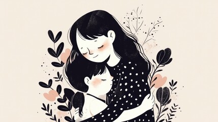A heartwarming illustration capturing the essence of Mother s Day a hand drawn image of a mother embracing her child in a black and white dotted line art style