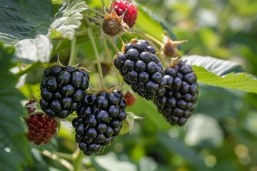 Close-up of ripe blackberries and unripe red berries on a branch with green leaves. Outdoor photography of fresh garden fruit.  Generative AI