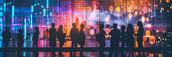 Fototapeta premium A group of business people standing in front of an abstract digital cityscape, with glowing data streams and financial charts floating around them i the style of dark skyblue and light black.