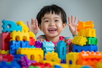 Image of a smiling child playing with colorful toy blocks and having fun