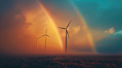 Wind turbines positioned beneath a rainbow following a thunderstorm